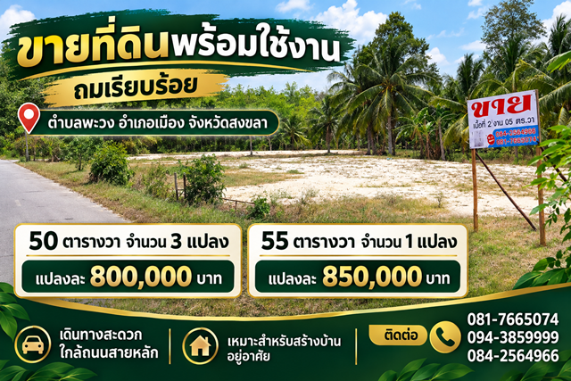 ขายที่ดินพร้อมใช้งาน ติดถนนบ้านป่าขี้เหล็ก พื้นที่ 2 งาน 05 ตารางวา ตำบลพะวง