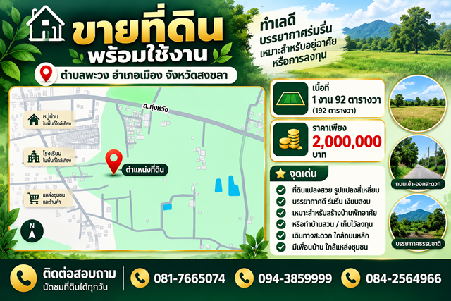 ขายที่ดิน พร้อมใช้งาน ตำบลพะวง อำเภอเมือง จังหวัดสงขลา พื้นที่ 1งาน 92 ตารางวา